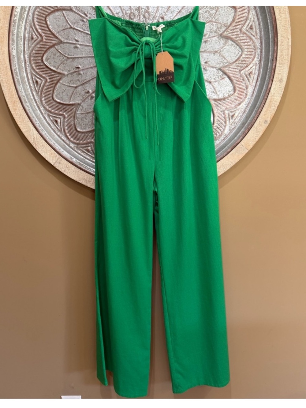 NWT MainStrip Linen-blend Green Bow-Front Wide-Leg Jumpsuit Convertible Straps